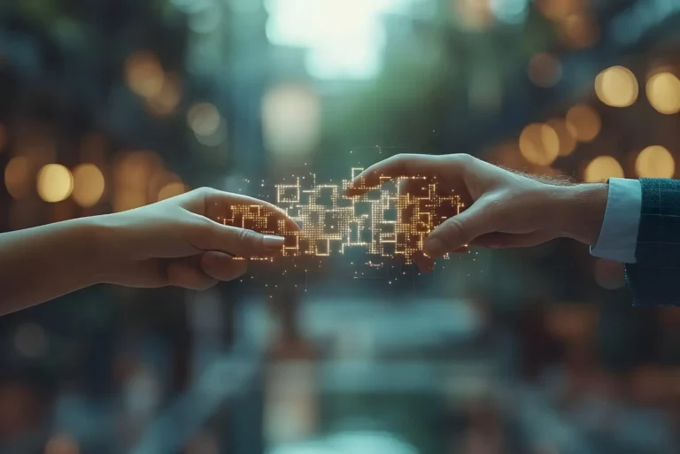 Fusión empresarial representada de forma conceptual mediante manos conectando estructuras digitales, simbolizando integración estratégica y M&A